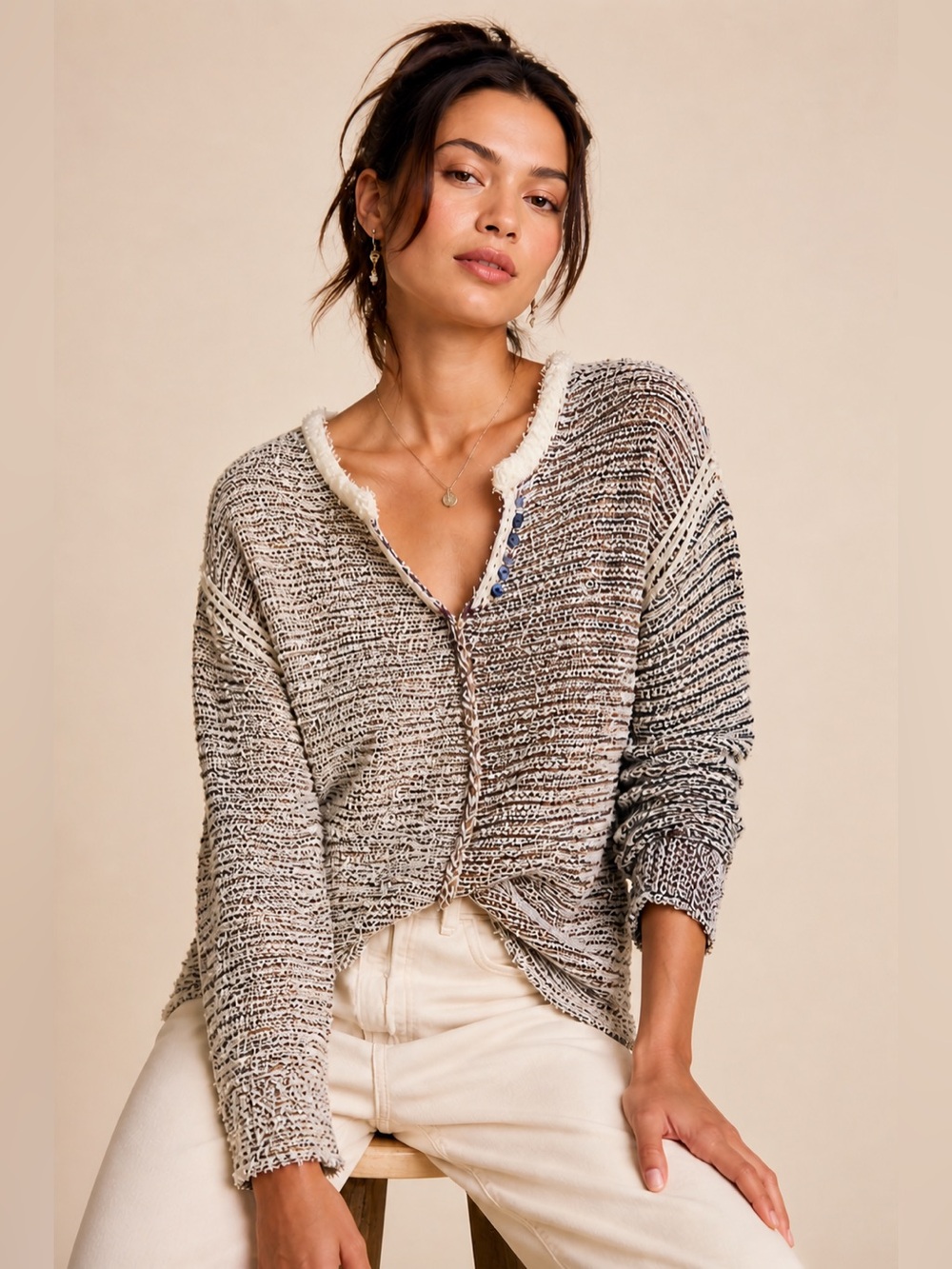 Ethyl Boho Textured Knit Henley Top‎ Mixed Media Sweater Anthropologie Style M
